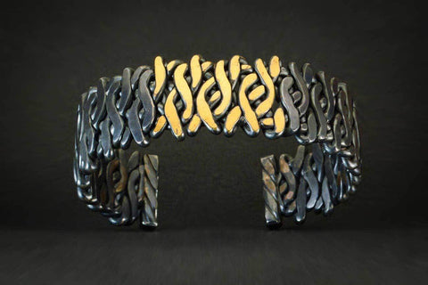 Black & Gold Woven Fire Cuff with White Diamonds